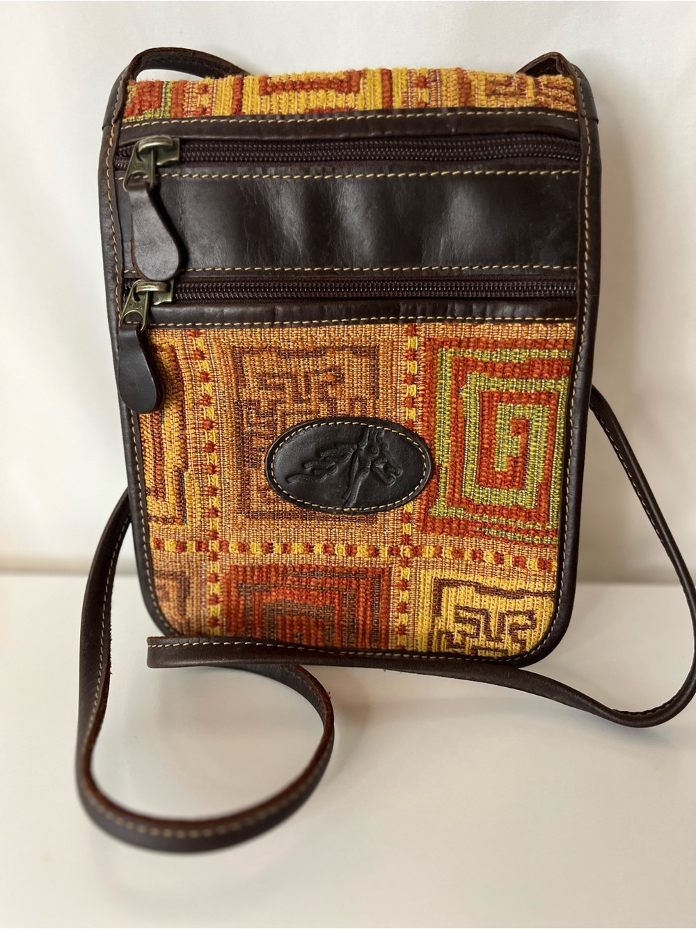 Handcrafted Brown Leather & Orange Woven Crossbody Bag — Unbranded